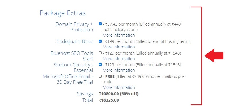 bluehost india package extras