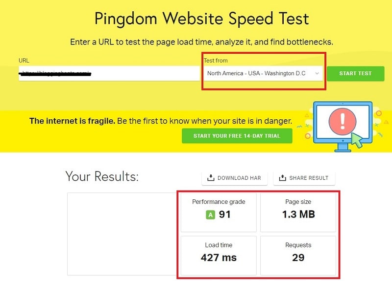 bluehost india speed test using pingdom tool