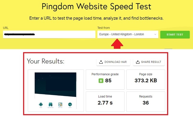 milesweb pingdom test in uk location