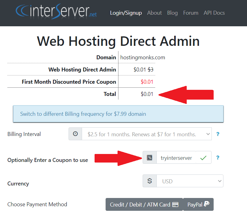 step 3 input the ryinterserver coupon code and enjoy the Interserver web hosting free trial no credit card