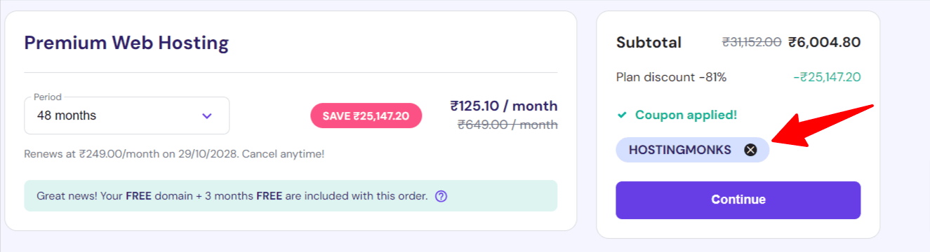 hostinger coupon code applied
