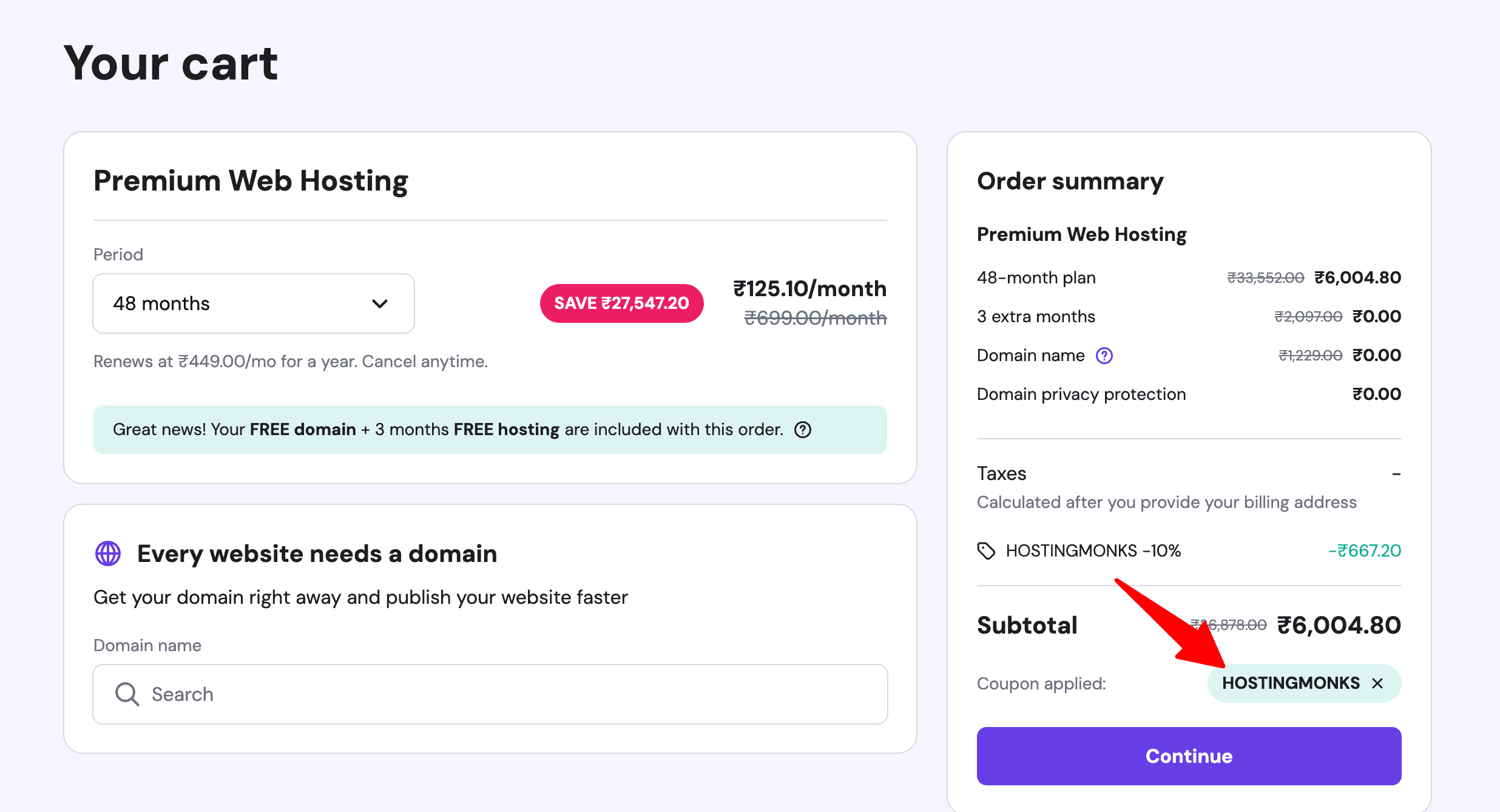 hostinger coupon code applied