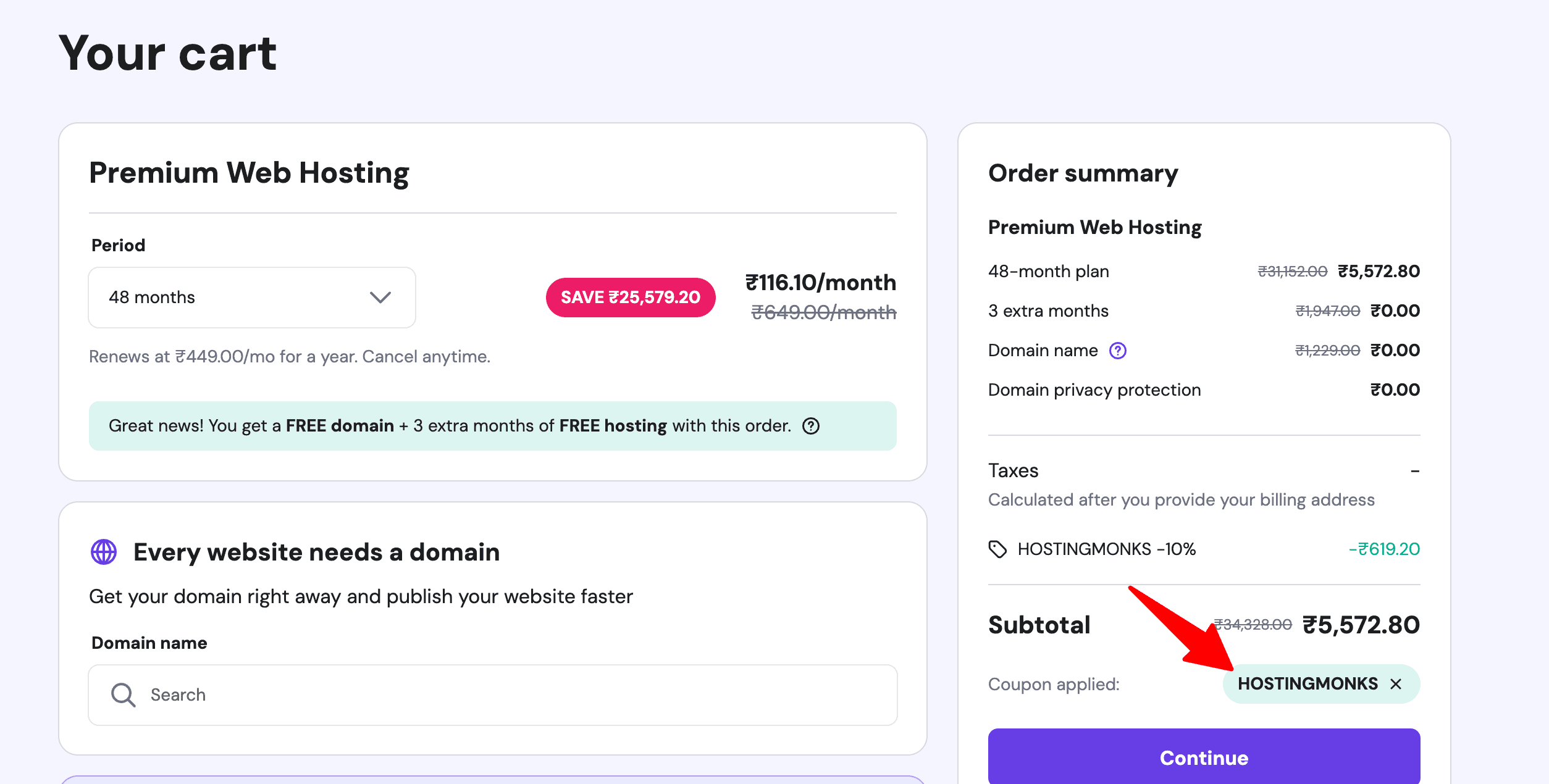hostinger coupon code applied