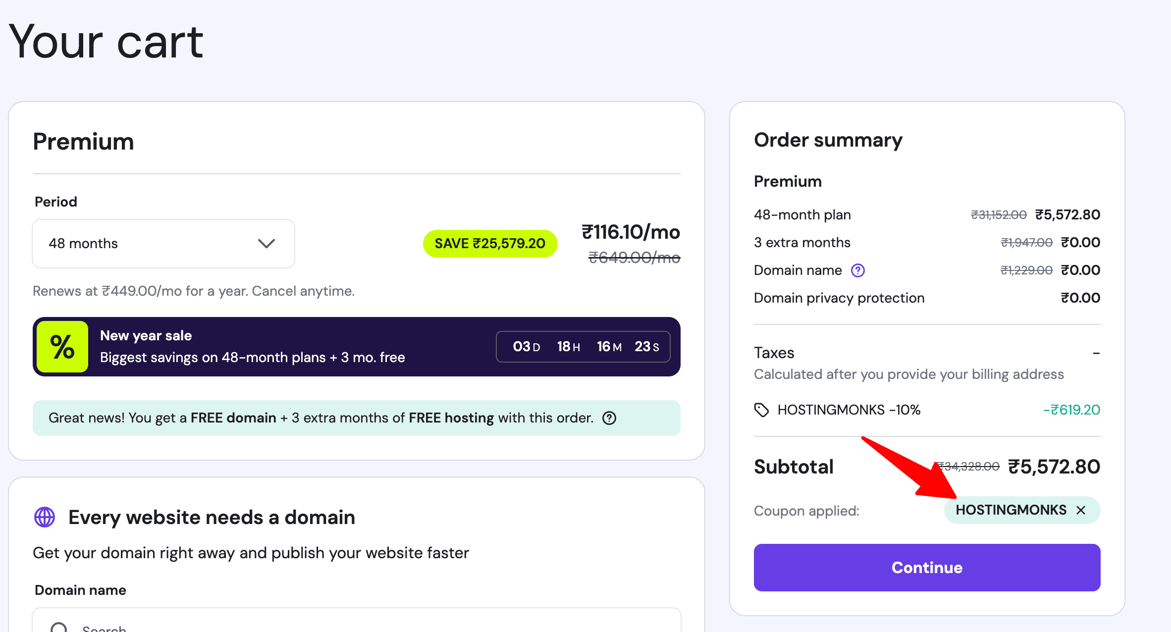 hostinger coupon code applied