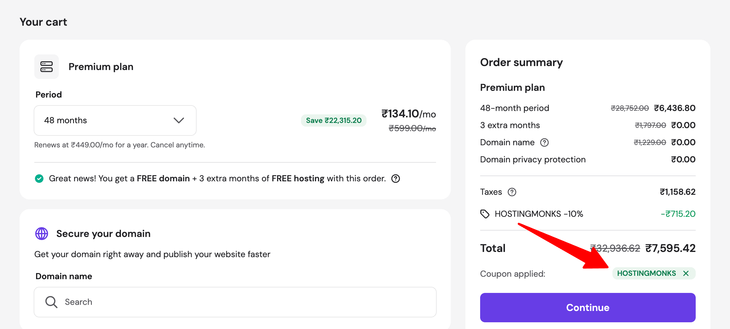 hostinger coupon code applied