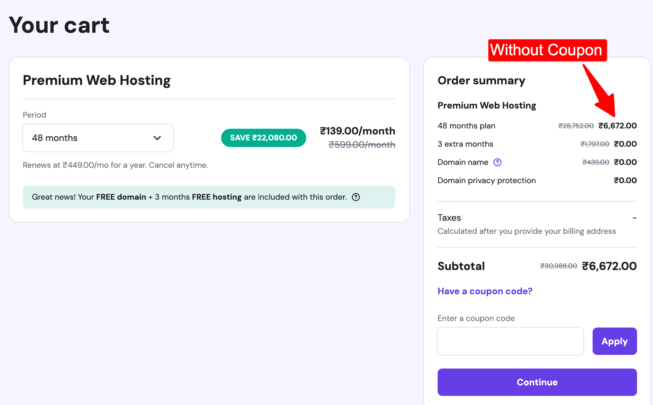 hostinger order summary before coupon code