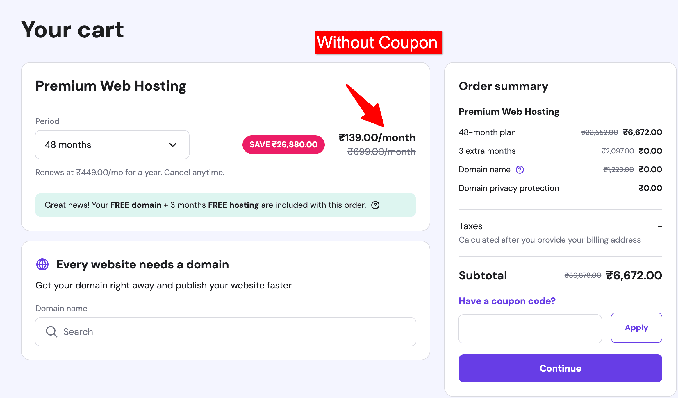 hostinger order summary before coupon code