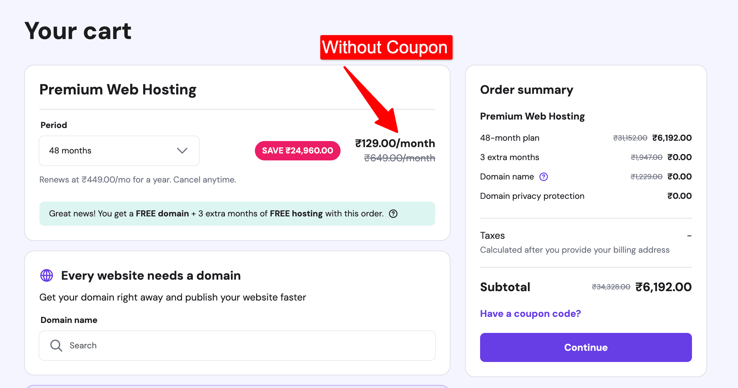 hostinger order summary before coupon code