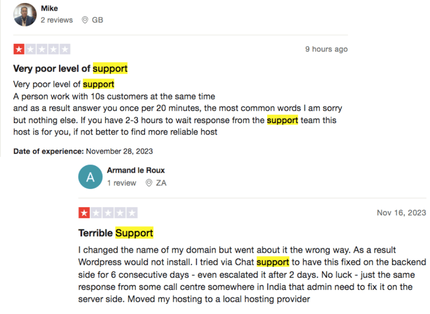 Bluehost customer negative review on Support 