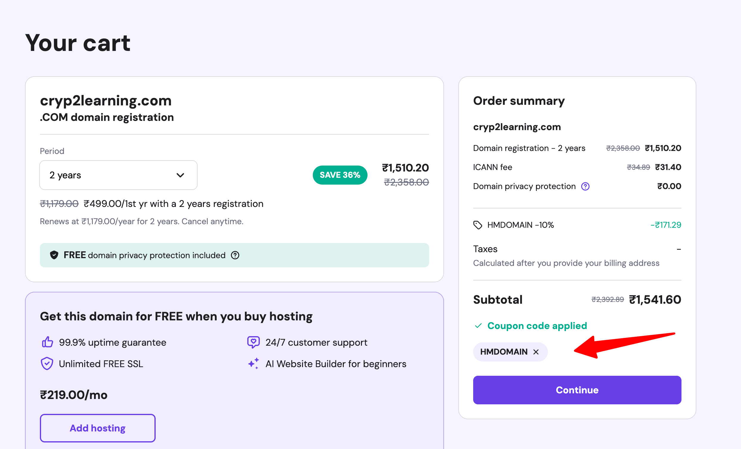Step 4 Claim Hostinger Domain Coupon Code